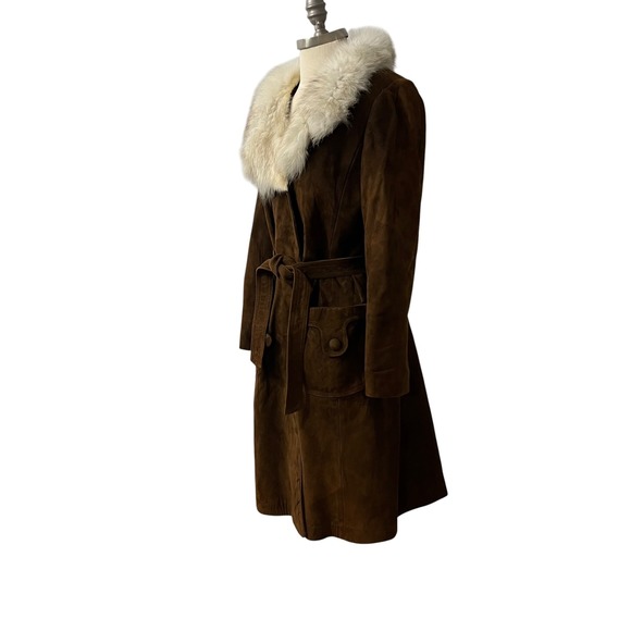 Vintage Brown Suede Trench Coat With White Fur Collar Belted 70s Penny Lane M - Picture 3 of 12